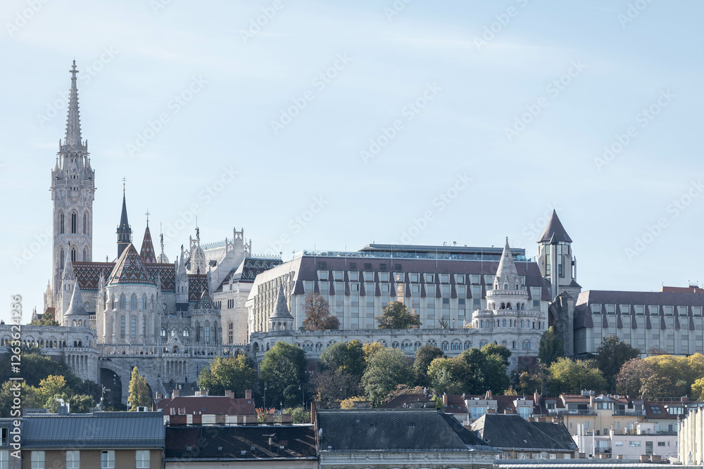 Fototapeta premium Budapest, Hungary: view from the parliament to the castle, Matthias church and the fisherman's bastion