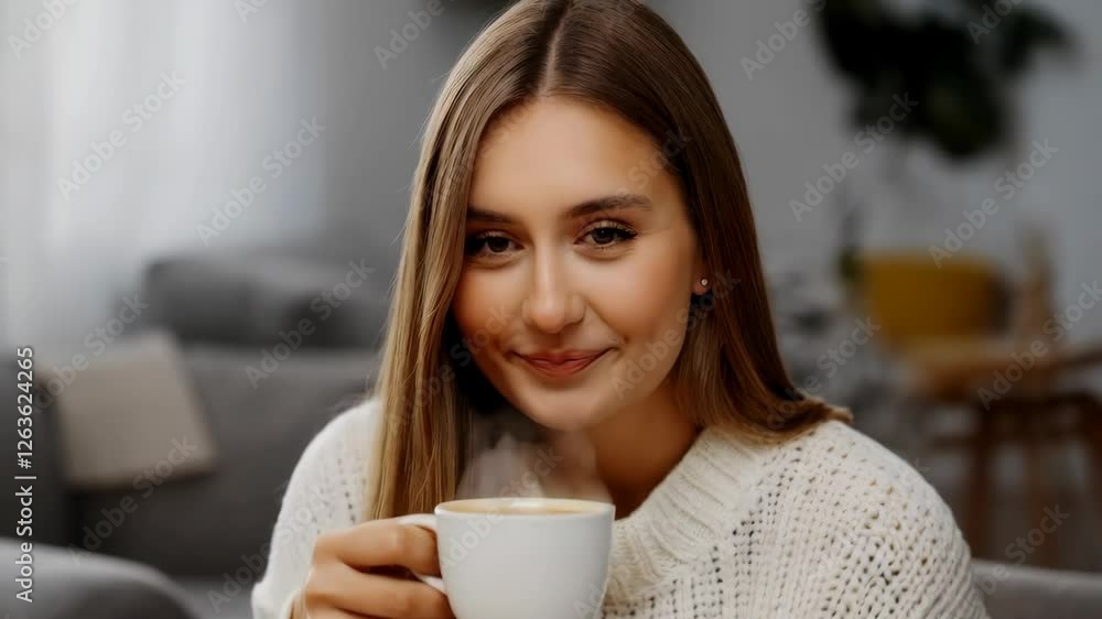 Young woman enjoying a warm cup of coffee while smiling indoors in a cozy living room Young woman enjoying a warm cup of coffee while smiling indoors in a cozy living room