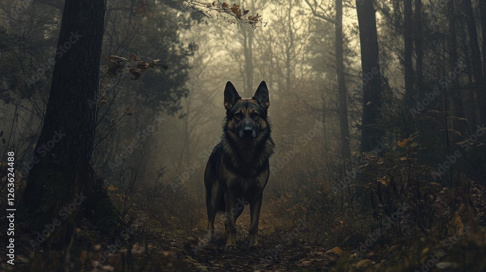 Fototapeta premium German Shepherd Alertly Standing in a Forest.