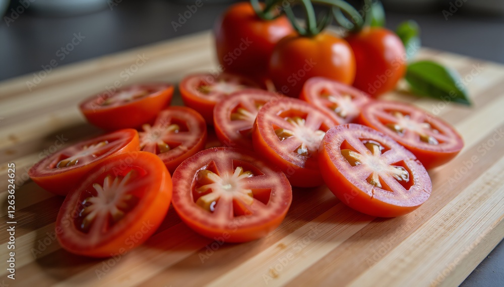 Freshly sliced tomatoes on a wooden cutting board in the kitchen