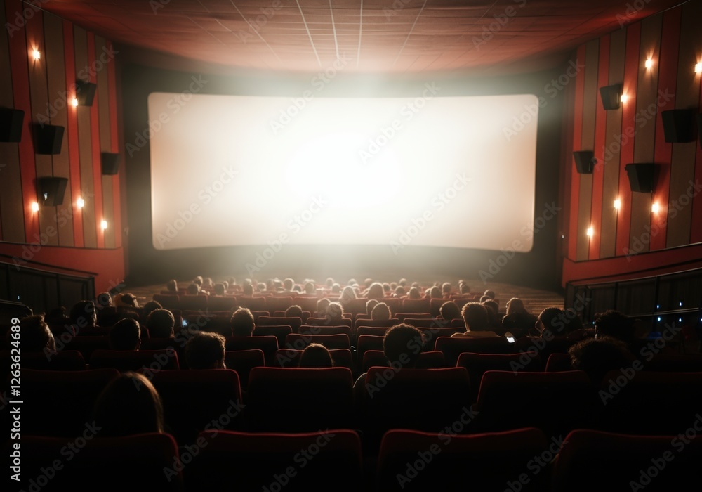 Obraz premium Audience watching a movie in a modern cinema with a large screen