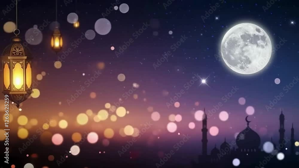 ramadan mubarak animation, islamic design hanging ramadan candle lantern and mosque, Abstract background animation. Eid Mubarak Islamic design concept with Ramadan. Religious Muslim festival ramadan mubarak animation, islamic design hanging ramadan candle lantern and mosque, Abstract background animation. Eid Mubarak Islamic design concept with Ramadan. Religious Muslim festival