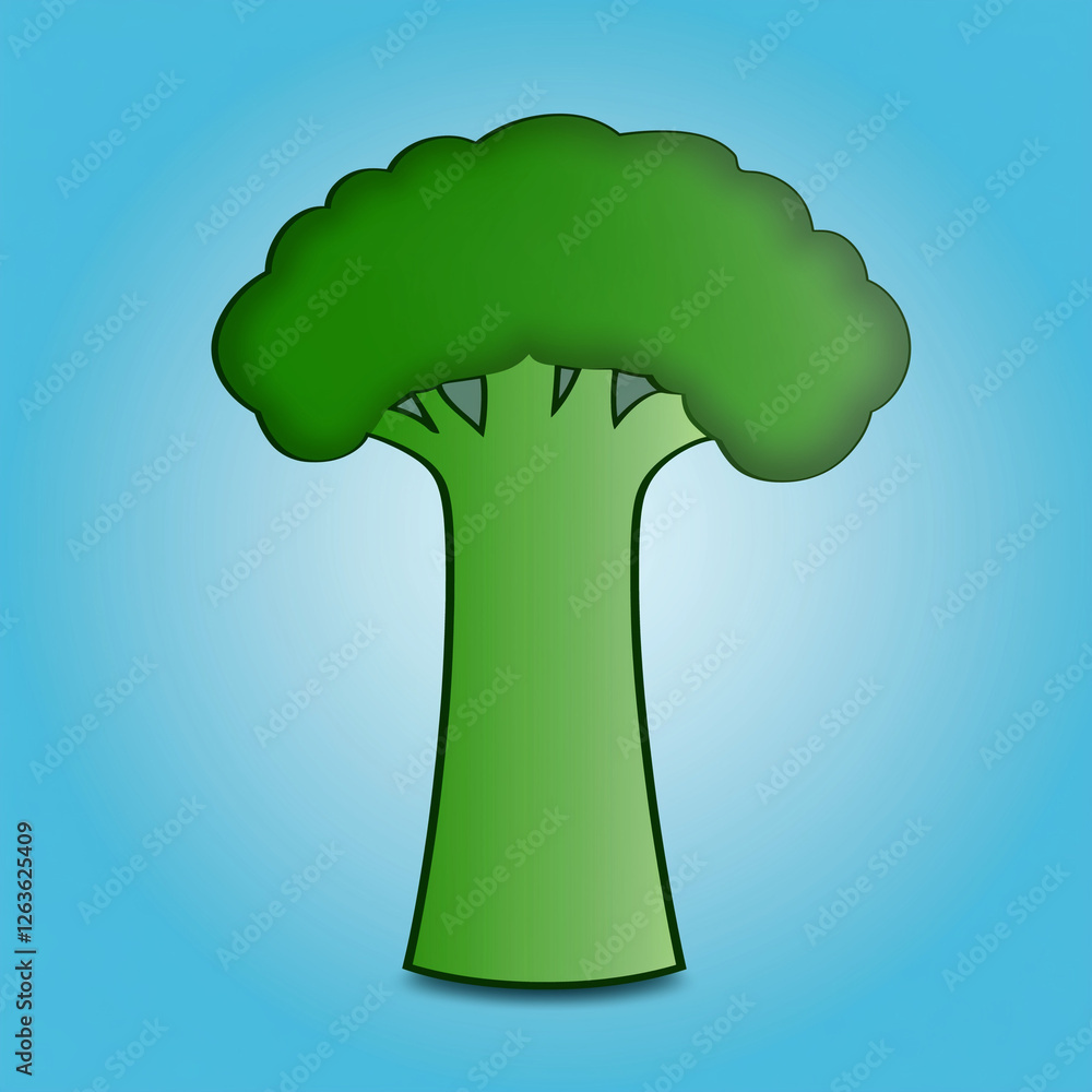 Stylized Broccoli Stalk Shaped Like a Tree on Blue Background, Digital Illustration Stylized Broccoli Stalk Shaped Like a Tree on Blue Background, Digital Illustration