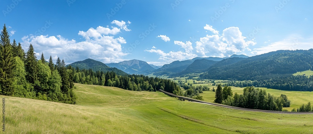 Fototapeta premium Sunny mountain valley, green fields, road. Landscape panorama