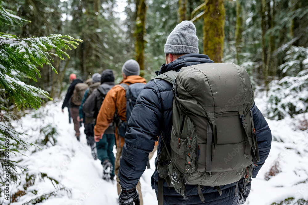 Group of Adventurous Hikers Trekking Through Snowy Forest Trail in Winter Amidst Tall Evergreen Trees and Soft White Snow Group of Adventurous Hikers Trekking Through Snowy Forest Trail in Winter Amidst Tall Evergreen Trees and Soft White Snow