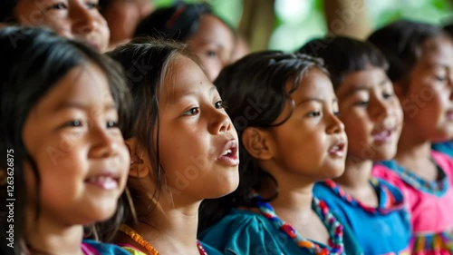 Choir of indigenous hispanic School Children singing together	
