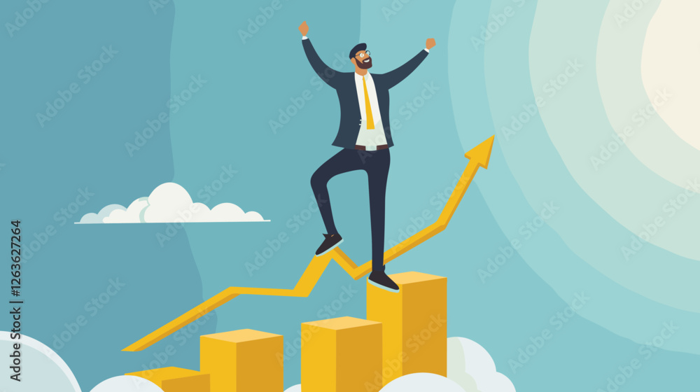 Businessman Celebrates Career Growth Standing on Top of Growth Chart, Flag in Hand, Symbol of Achievement Businessman Celebrates Career Growth Standing on Top of Growth Chart, Flag in Hand, Symbol of Achievement