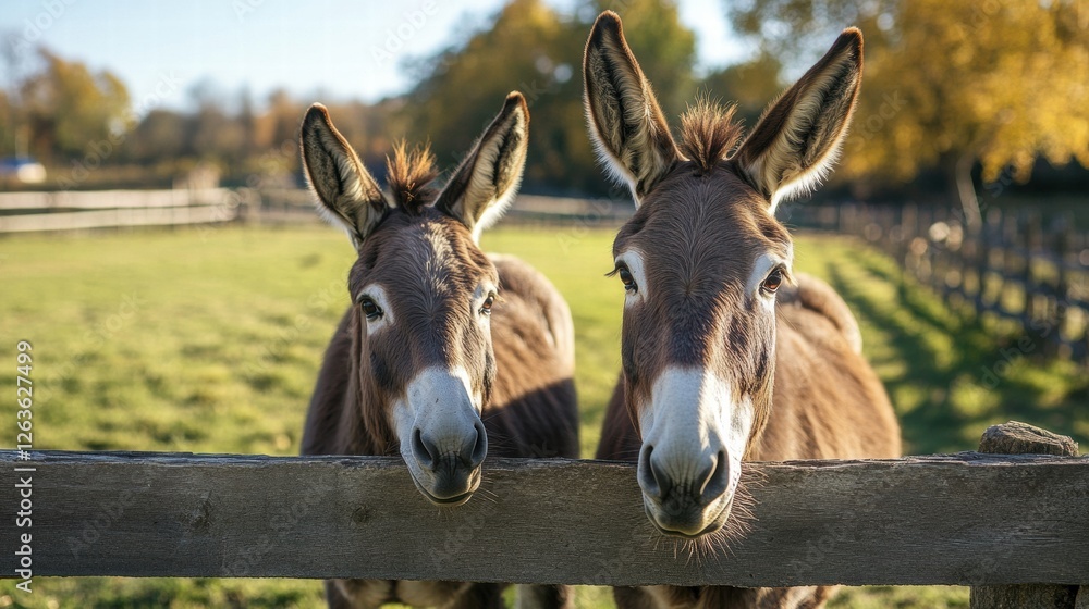 Donkeys standing near a wooden fence in a sunny pasture. Donkeys standing near a wooden fence in a sunny pasture.