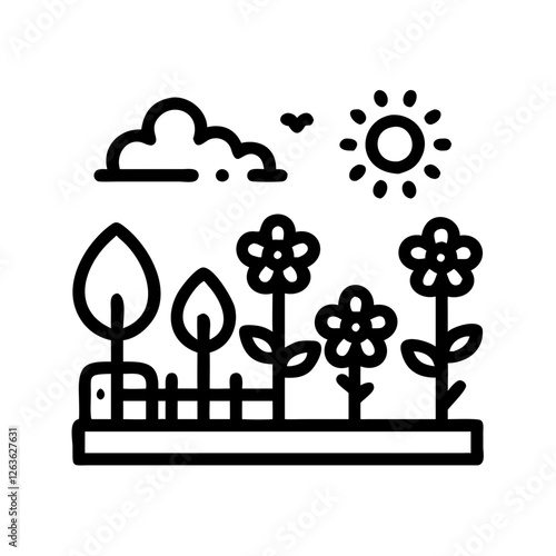 Cheerful garden celebrating Easter with blooming flowers and playful elements in bright daylight
