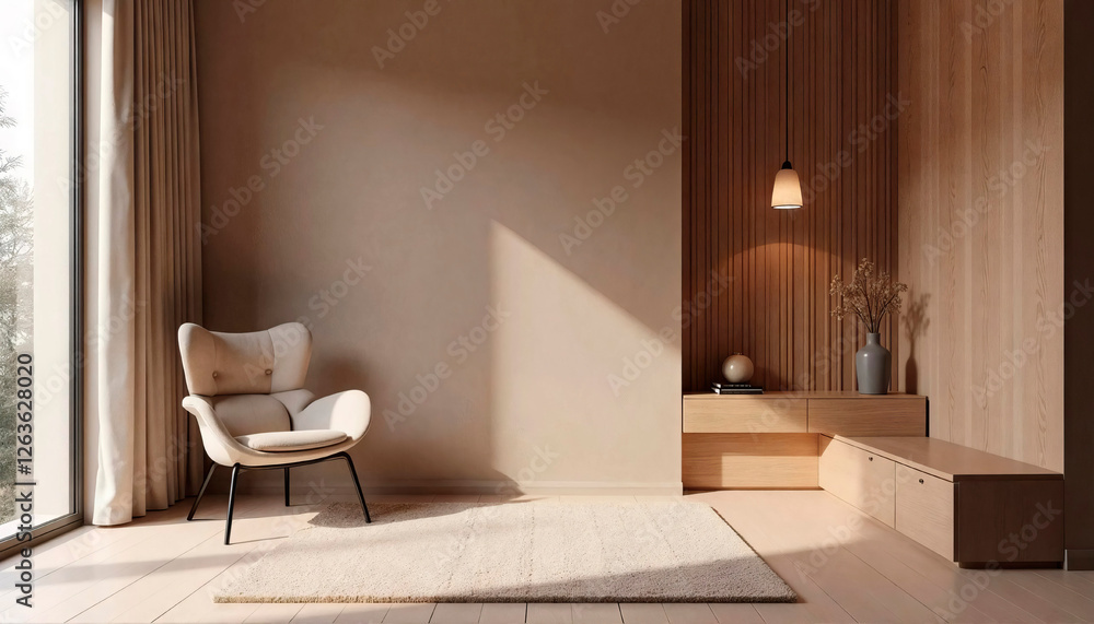 Fototapeta premium interior of modern living room with wooden floor,brown wall,brown armchair and lamp