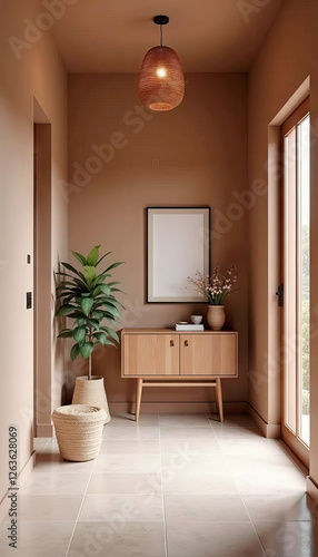 Modern living room interior with wooden commode, plant and picture frame