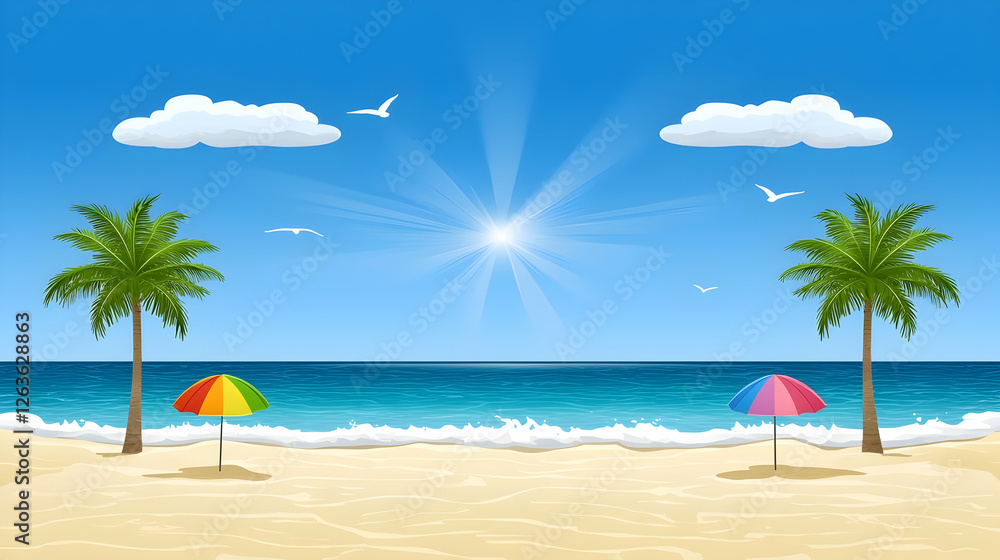Tropical beach scene with colorful umbrellas, sunny day, calm ocean, palm trees Tropical beach scene with colorful umbrellas, sunny day, calm ocean, palm trees