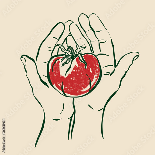 Vector vegetable doodle illustration of tomato in your hands. Hand-drawn garden harvest sketch. Organic farm graphics. Tasty food for design, veggie market drawing print, fabric, background.