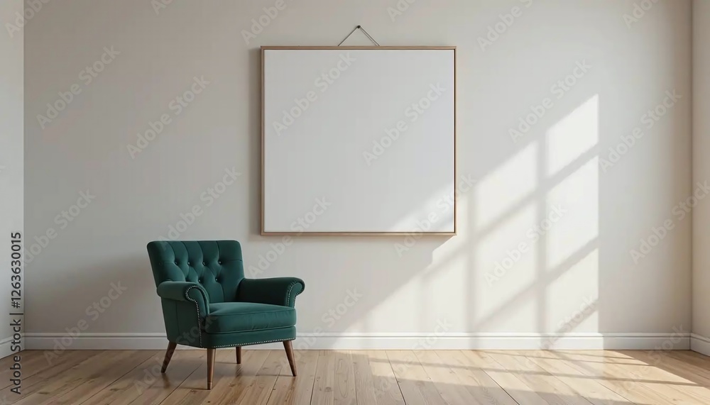 Fototapeta premium Contemporary living room with a green armchair and a large blank canvas frame on a white wall illuminated by natural light perfect for interior design mockups and home decor themes