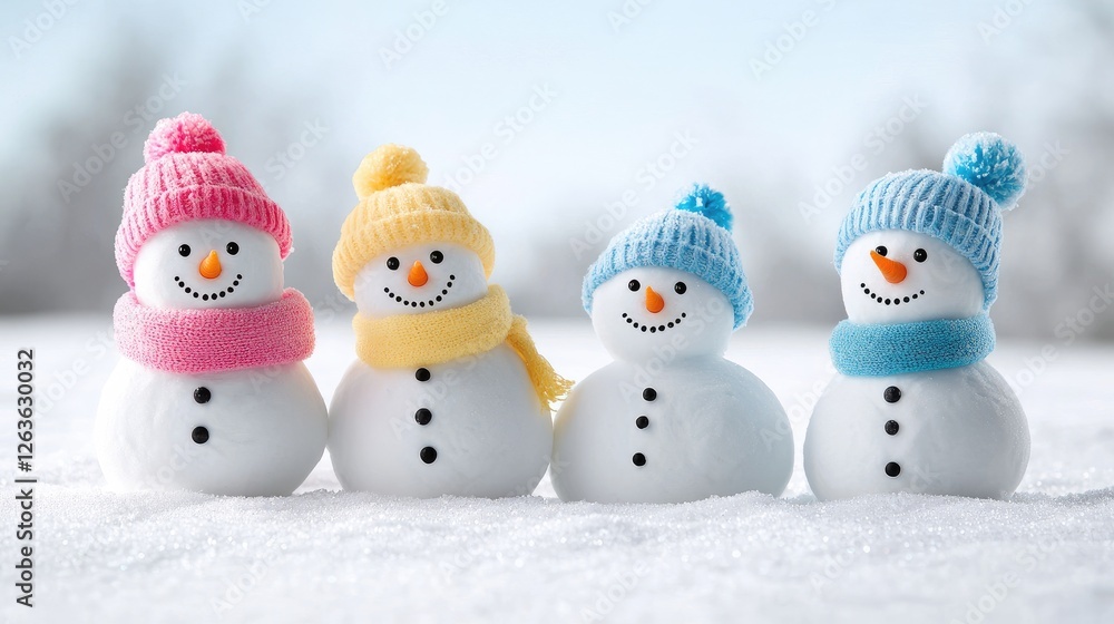 Winter snowman family in snowy landscape, holiday card Winter snowman family in snowy landscape, holiday card
