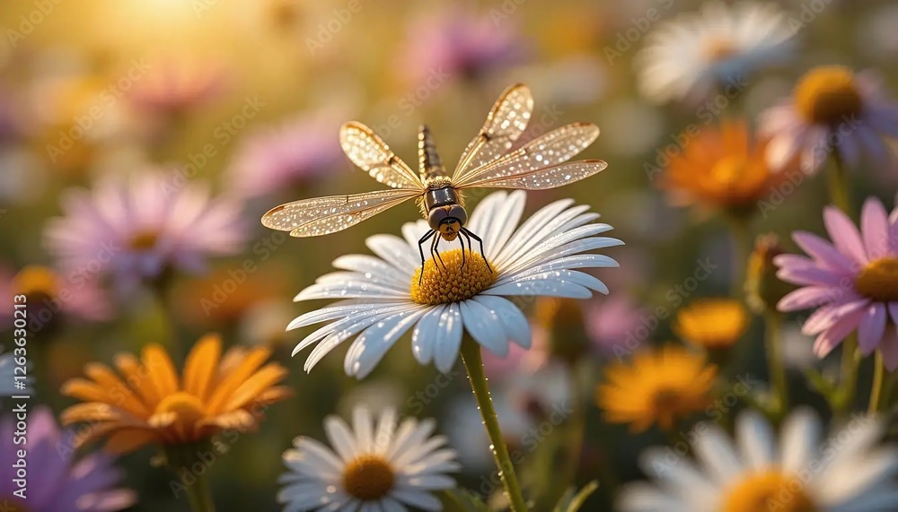Obraz premium Close-up of a honeybee collecting nectar from a daisy surrounded by vibrant wildflowers in a sunlit meadow symbolizing nature pollination and biodiversity perfect for eco-themed visuals