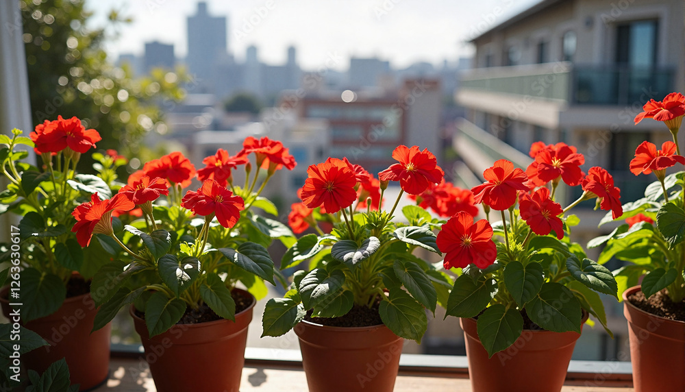 Urban gardening with beautiful red flowers in pots and a city skyline view Urban gardening with beautiful red flowers in pots and a city skyline view