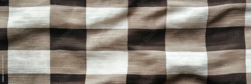 Fototapeta premium Brown plaid tablecloth with coarse texture and intersecting lines for rustic dining settings