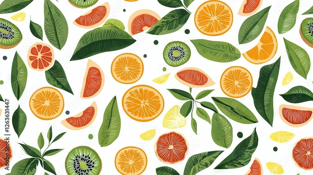 Orange, kiwi, leaf pattern on white with green leaves Orange, kiwi, leaf pattern on white with green leaves
