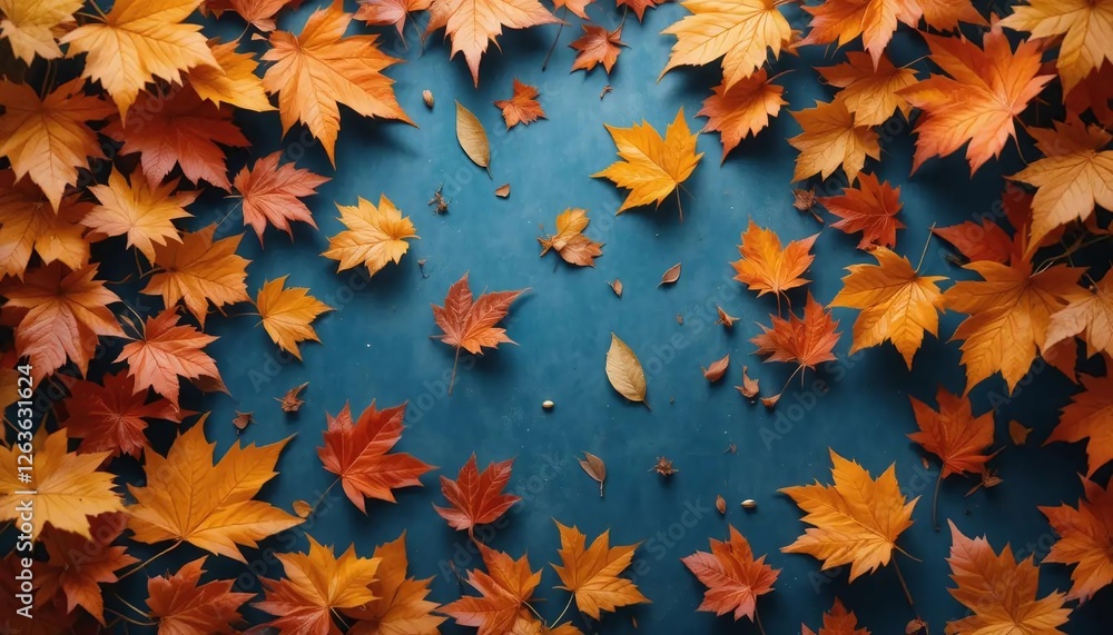 Autumn leaves scattered on a vibrant blue background creating a seasonal and artistic composition symbolizing fall nature and change perfect for seasonal and decorative visuals Autumn leaves scattered on a vibrant blue background creating a seasonal and artistic composition symbolizing fall nature and change perfect for seasonal and decorative visuals