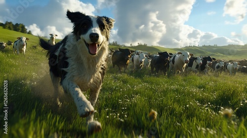 Collie Herding Cattle Across a Grassy Field