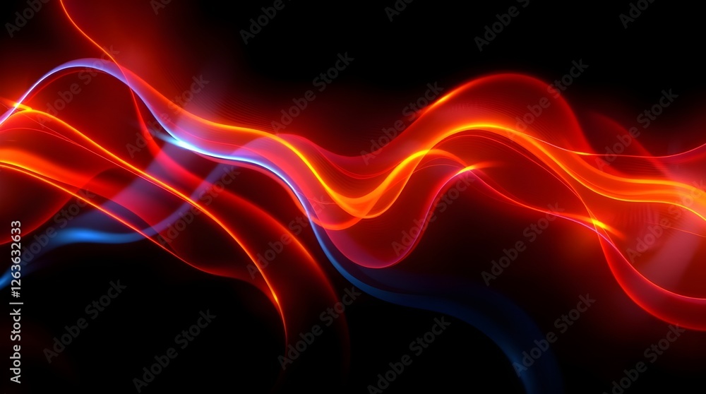 Obraz premium The image is of a black background with wavy, glowing lines of orange and blue