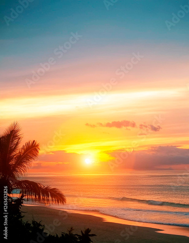 Puesta del sol tropical de colores naranja y azul.
