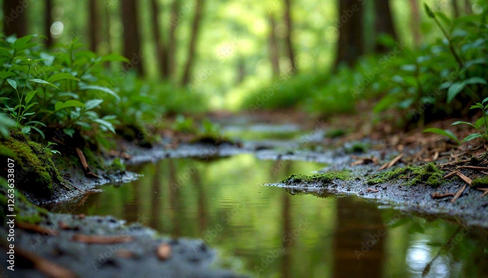 Fototapeta premium Forest puddle with lush greenery and reflections