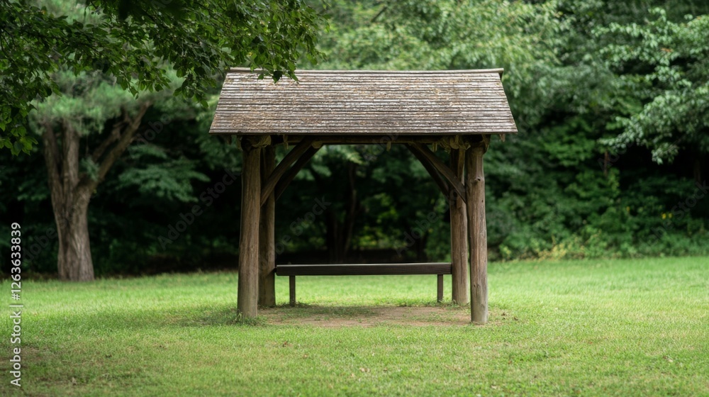 Wooden Shelter with Bench in Park Wooden Shelter with Bench in Park