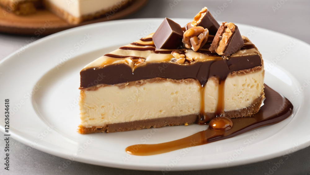 Snickers Cheesecake with Chocolate, Caramel, and Peanuts – A Decadent 4K Dessert Photography Showcasing the Perfect Blend of Creamy and Crunchy Textures Snickers Cheesecake with Chocolate, Caramel, and Peanuts – A Decadent 4K Dessert Photography Showcasing the Perfect Blend of Creamy and Crunchy Textures