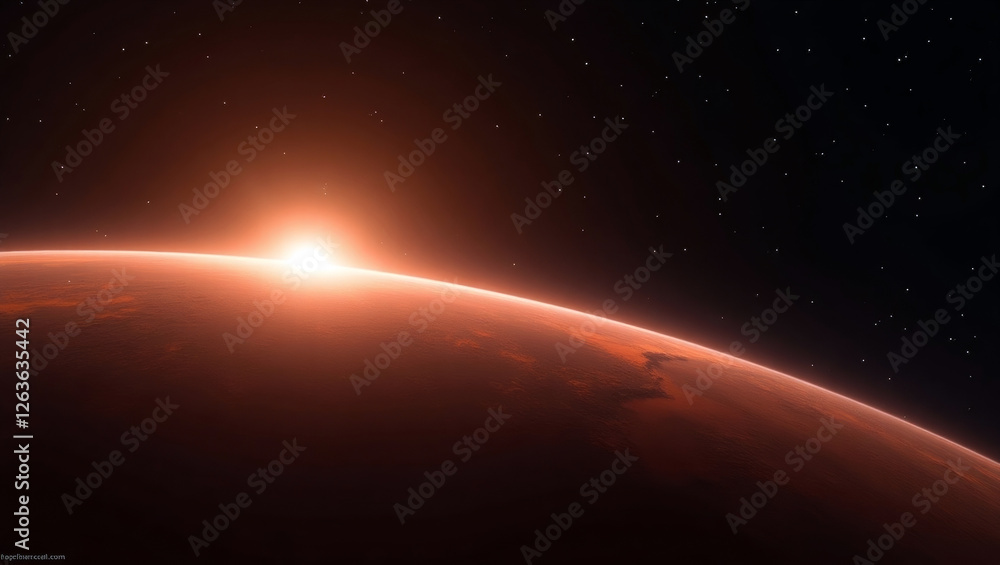 Obraz premium Cosmic sunrise over a marslike planet