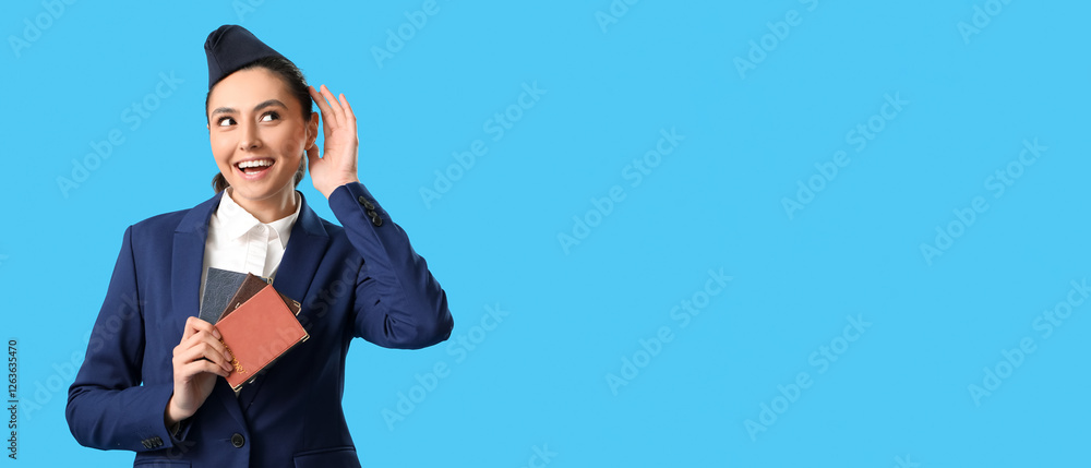 Beautiful stewardess with passports on blue background Beautiful stewardess with passports on blue background