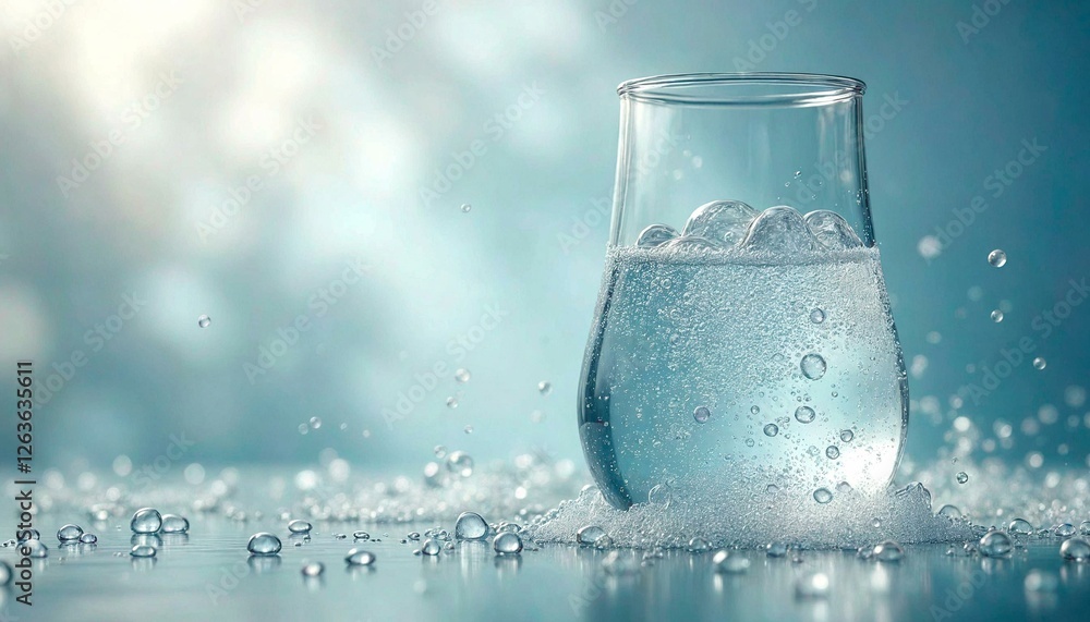 Monochrome glass of water with bubbles on reflective surface Monochrome glass of water with bubbles on reflective surface