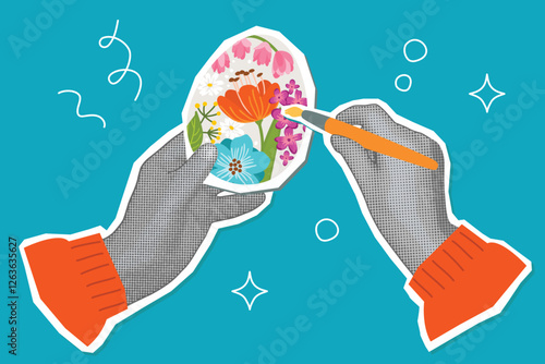 Halftone hands paint an easter egg. Collage elements set with cut out shapes. Human palms, paintbrush and hand drawn flowers. Objects isolated on blue background. Vector design for cards, banners.