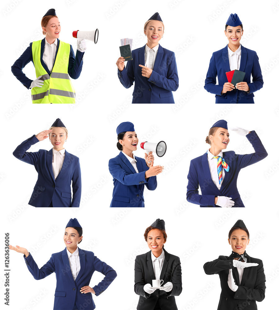 Set of many beautiful stewardesses on white background Set of many beautiful stewardesses on white background