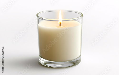 Minimalist Glass Candle with a Burning Flame on a Clean White Background, Creating a Warm and Relaxing Ambiance for Home Decor and Meditation photo