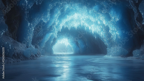 A stunning glowing ice cave with shimmering blue crystals, perfect for winter-themed designs, travel promotions, and holiday decorations.