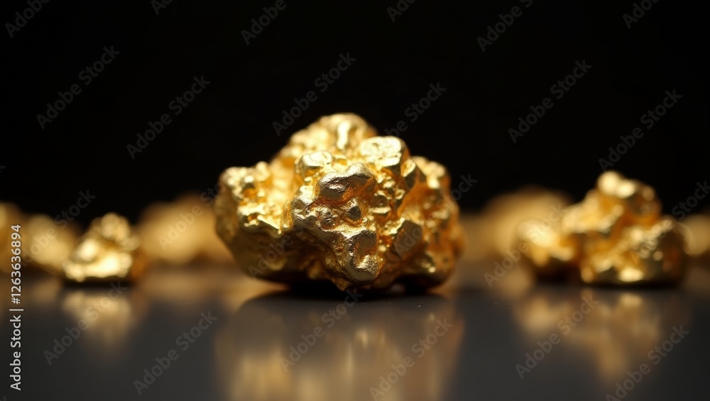 Exquisite gold nuggets on reflective surface Exquisite gold nuggets on reflective surface