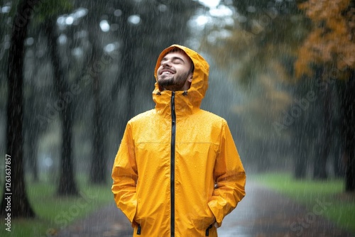 Man enjoying the rain while wearing a bright yellow raincoat
