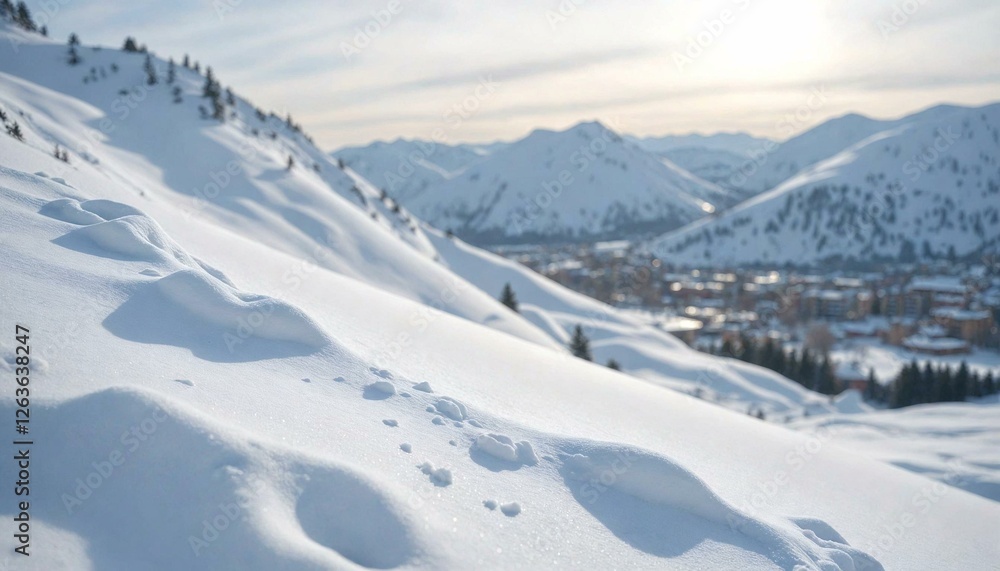 Footprints in Snowy Mountain Landscape with Distant City Footprints in Snowy Mountain Landscape with Distant City