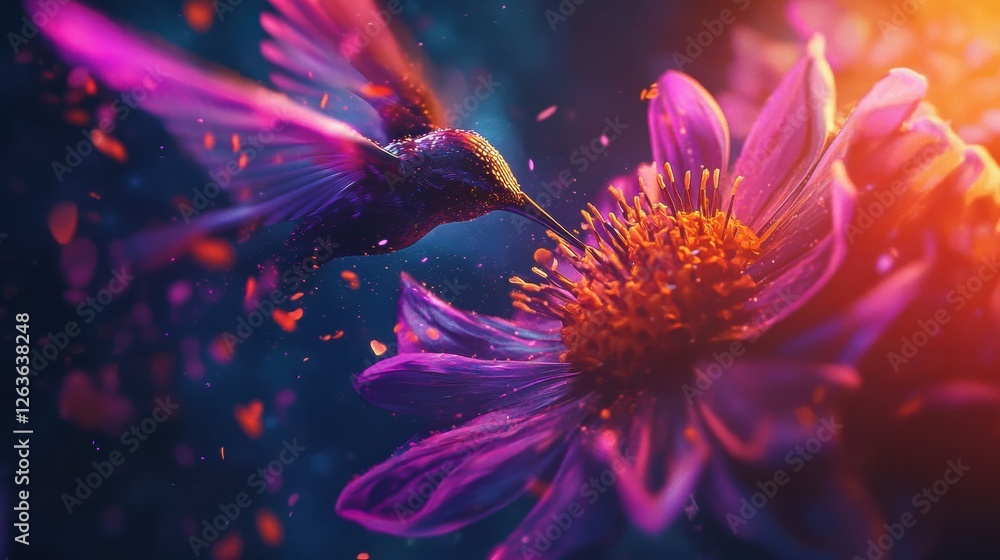 Hummingbird Hovering Near a Blooming Flower Hummingbird Hovering Near a Blooming Flower