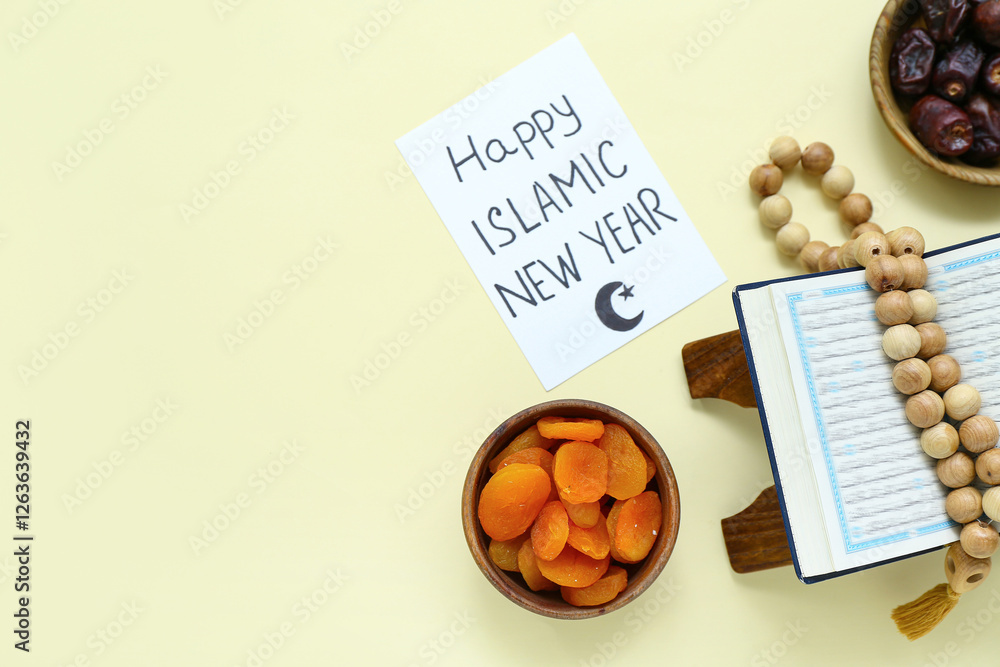 Fotografija Card with text HAPPY ISLAMIC NEW YEAR, Koran, tasbih and dried fruits on color b