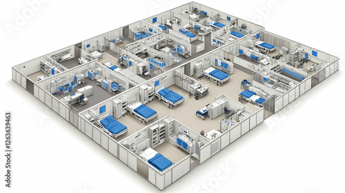 Hospital ward floor plan, overhead view, beds, medical equipment, healthcare facility design