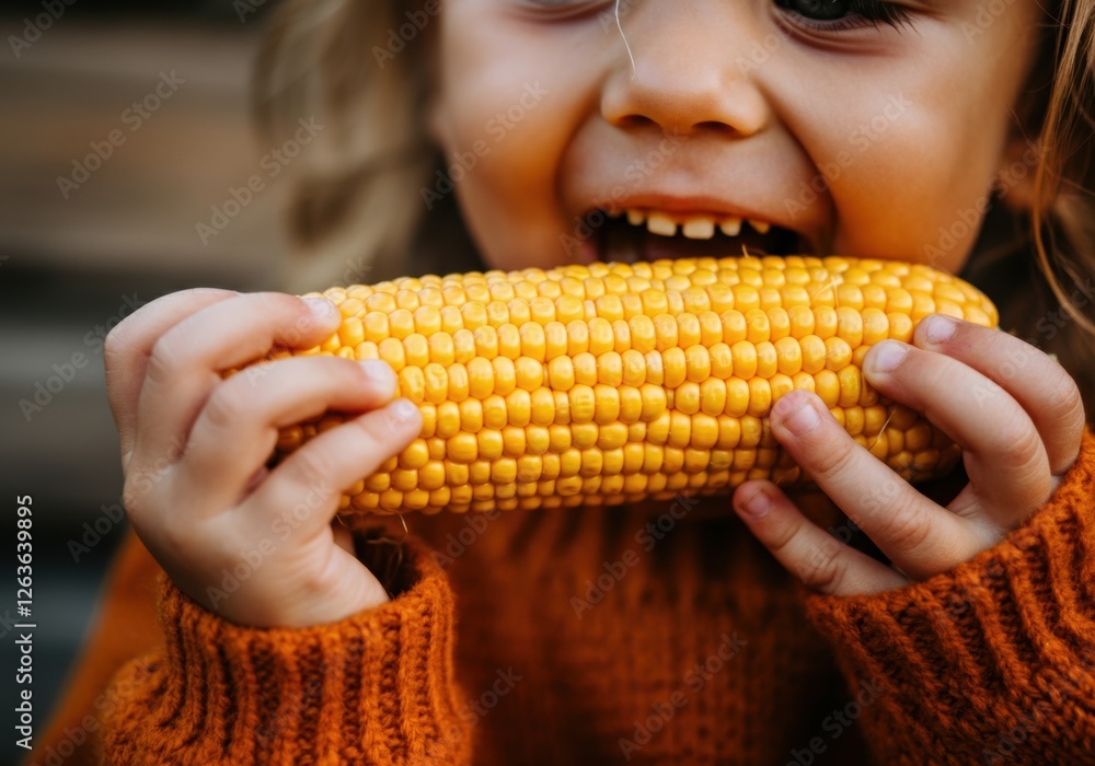 Child enjoying a fresh ear of corn, showcasing joy and delight in autumn Child enjoying a fresh ear of corn, showcasing joy and delight in autumn