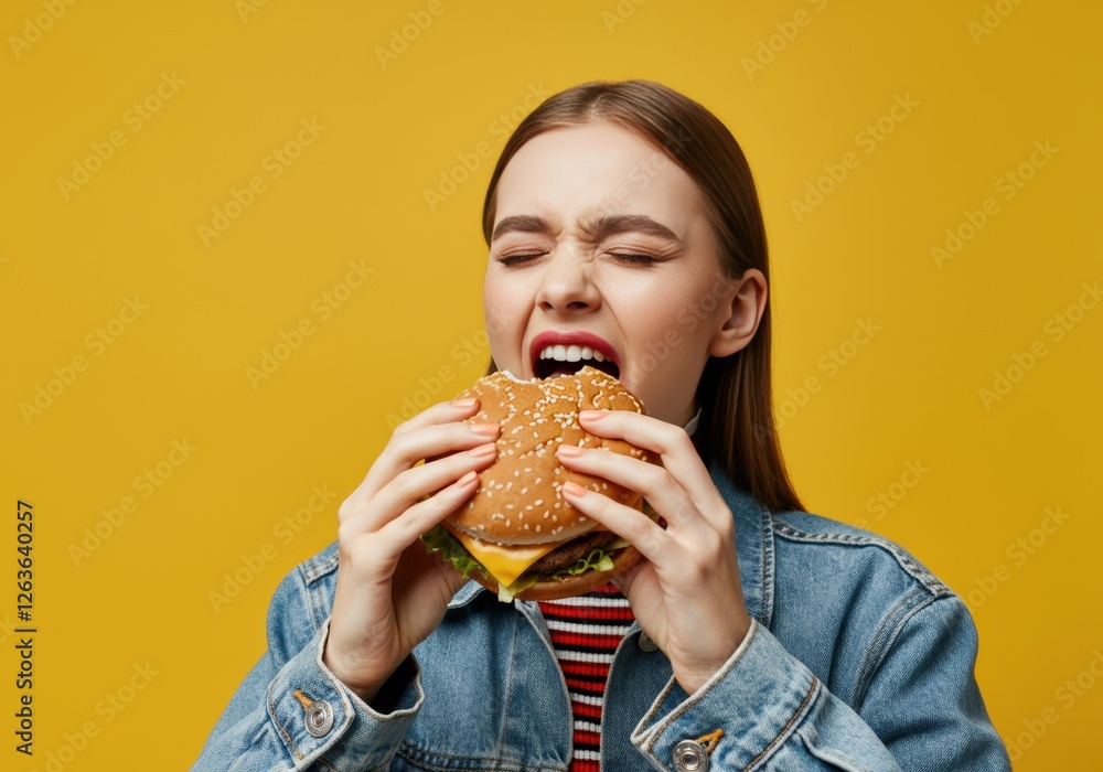 Young woman excitedly biting into a delicious cheeseburger against a yellow background Young woman excitedly biting into a delicious cheeseburger against a yellow background