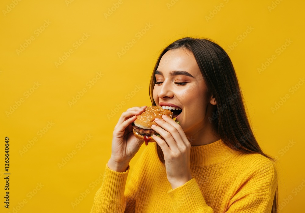 Young woman enjoying a delicious burger against a vibrant yellow background Young woman enjoying a delicious burger against a vibrant yellow background