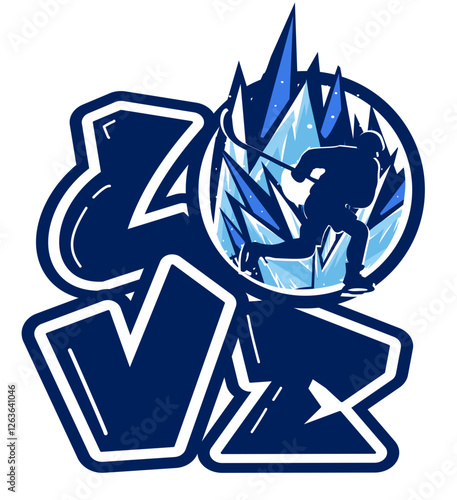 love with ice hockey player - blue and white color, sport vector graphics, hockey, for street art - graffiti lettering typography - art illustration - multicolor - writen		