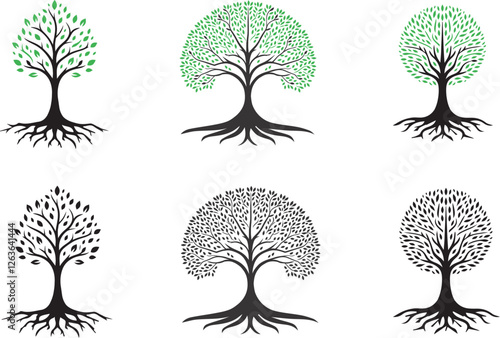 6 Colourful and black tree combo Package collection, Logo Icon Vector illustration design
