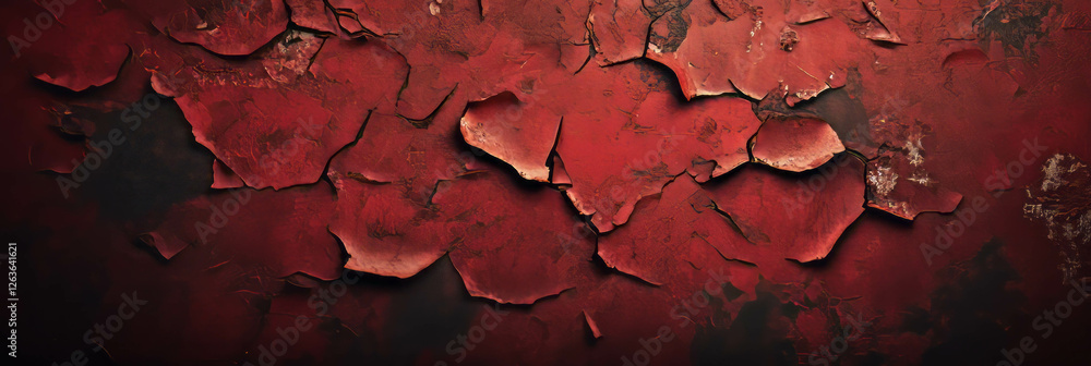 Fototapeta premium Peeling deep red wall texture with dark stains showcasing weathered beauty and chaos