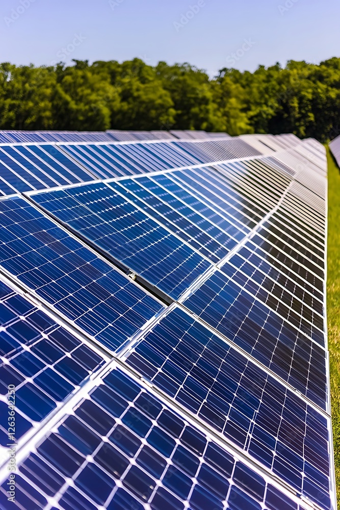 Solar Panels Array, Sunny Day, Field of Modules, Trees in Background. Possible Use Educational Solar Panels Array, Sunny Day, Field of Modules, Trees in Background. Possible Use Educational